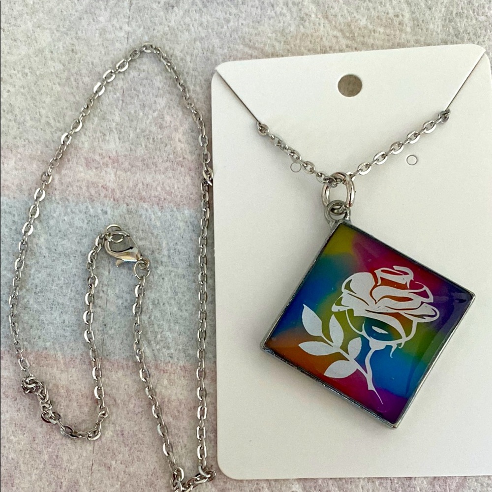 Multicolor Holographic Rose Square Pendant Necklace